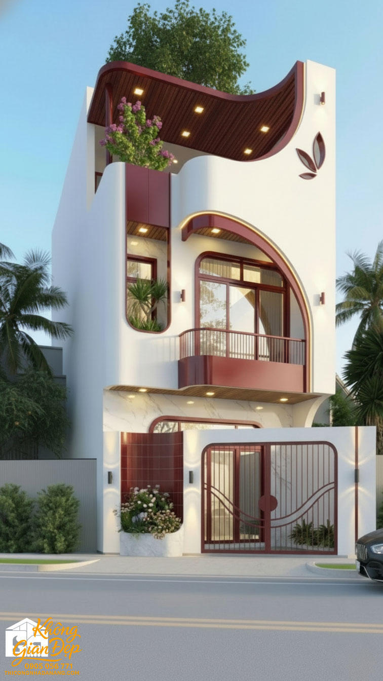 Phối cảnh nhà phố 3 tầng hiện đại điểm nhấn màu đỏ