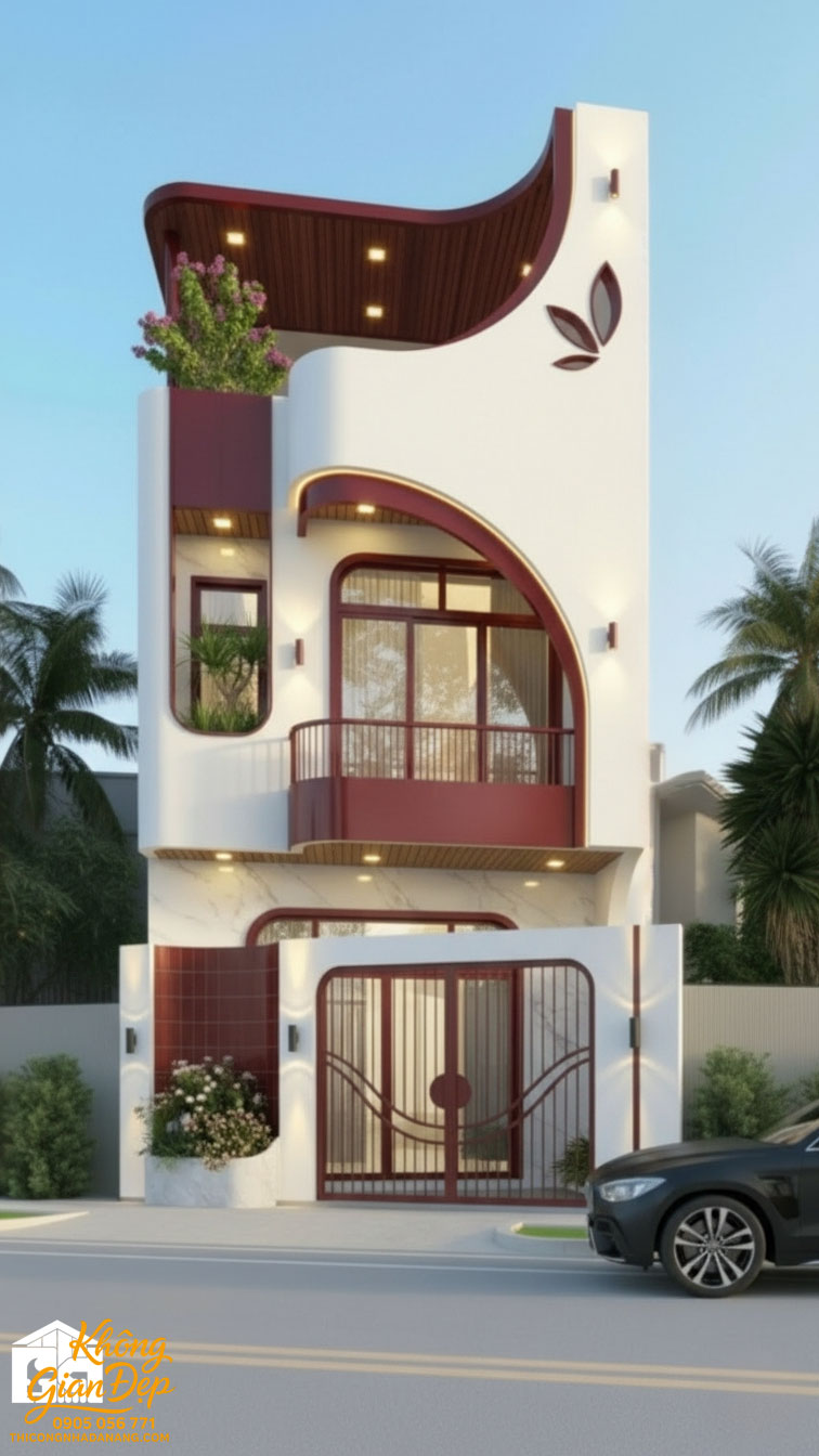 Góc nhìn nghiêng nhà phố 3 tầng phối màu đỏ đẹp