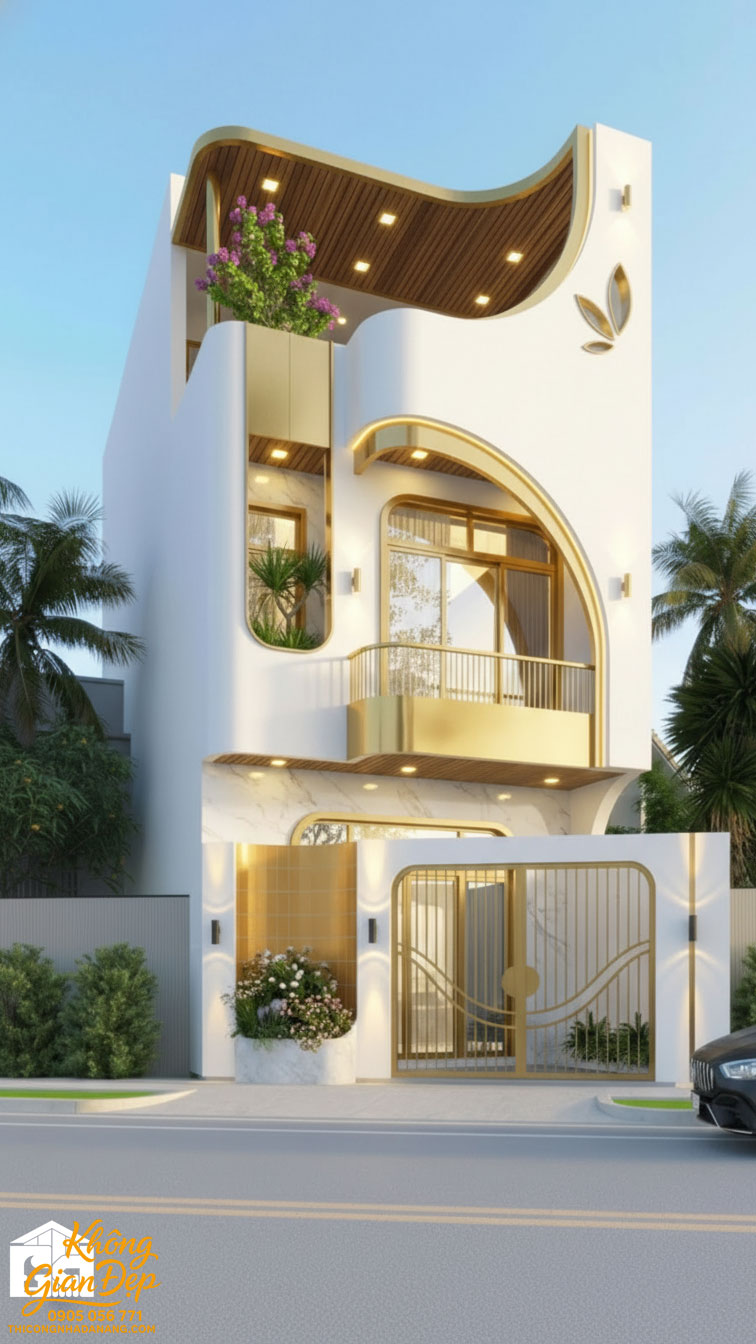 Mẫu nhà phố 3 tầng màu vàng trắng quý phái giàu có