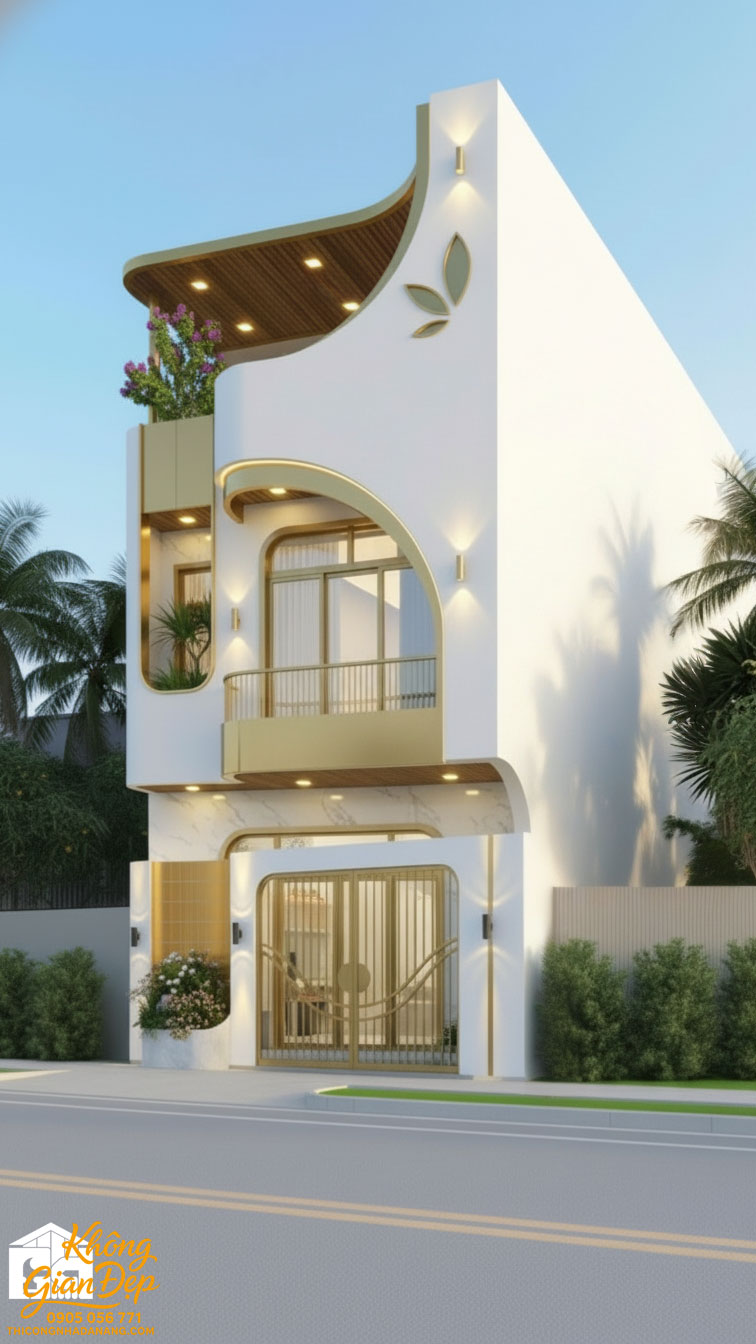 Mặt tiền nhà phố 3 tầng sơn màu vàng đẹp hiện đại