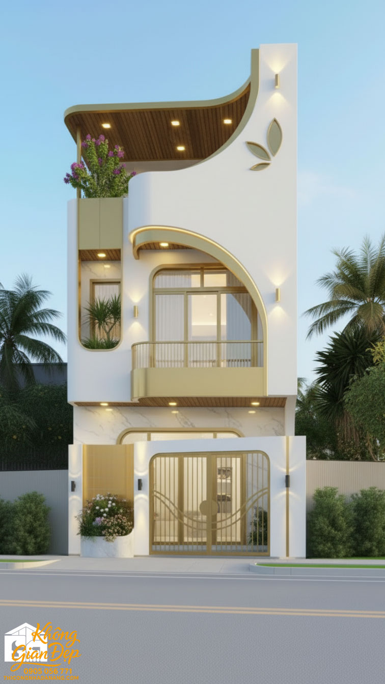 Chi tiết kiến trúc nhà phố phối màu vàng trắng 2026