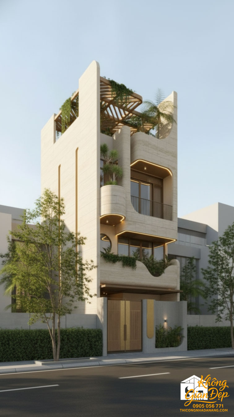 Góc nhìn bên trái mẫu nhà phố 3 tầng kiến trúc xanh