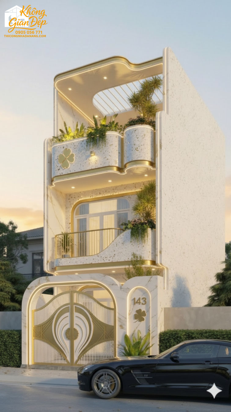 Nhà phố 3 tầng ốp đá mài vàng trắng đẹp mộc mạc 2026