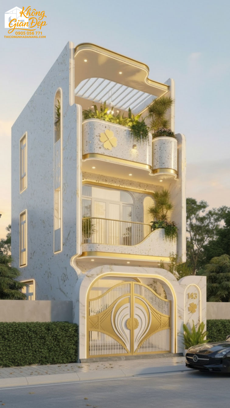 Mặt tiền nhà phố 3 tầng phối màu đá mài vàng chữa lành