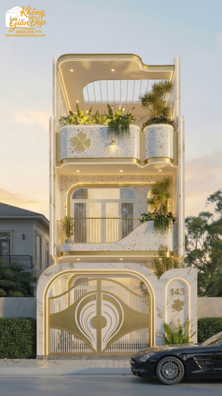 Chi tiết kiến trúc nhà phố 3 tầng đá mài vàng trắng