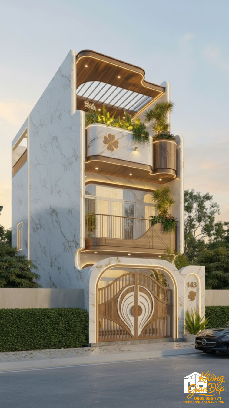 Thiết kế nhà phố 3 tầng màu nâu trắng sang trọng chữa lành