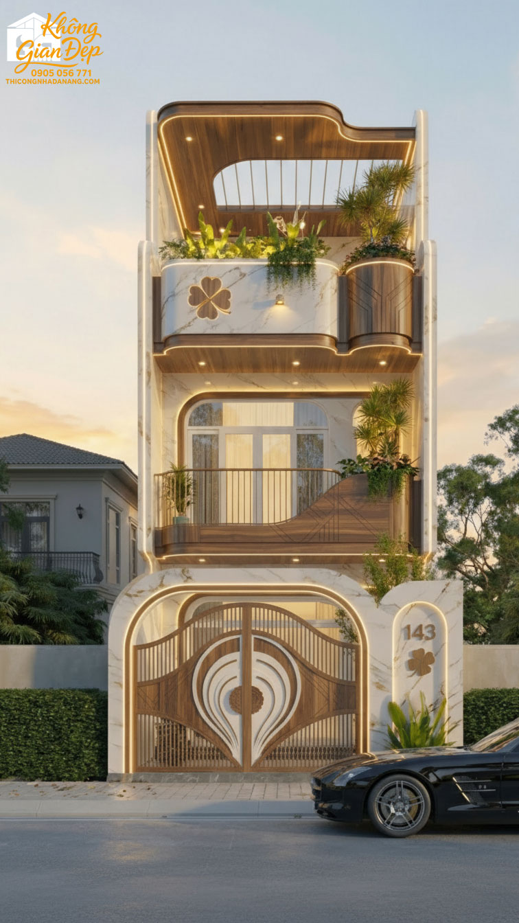 Phối cảnh mặt tiền nhà phố 3 tầng ốp gỗ nâu đẹp