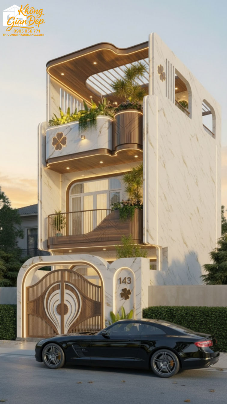 Góc nhìn nhà phố 3 tầng màu nâu trắng hiện đại 2026