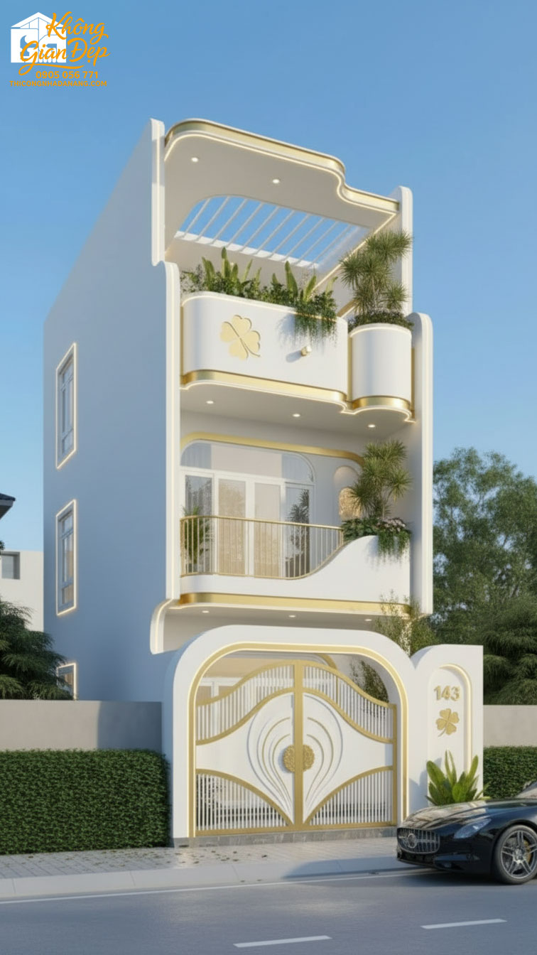 Mẫu nhà phố 3 tầng màu trắng sáng tinh khôi hiện đại 2026