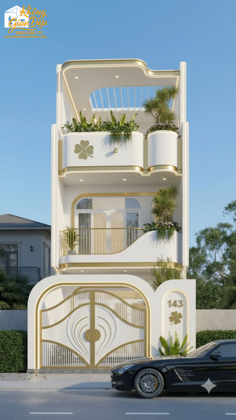 Thiết kế nhà phố 3 tầng phong cách tối giản màu trắng