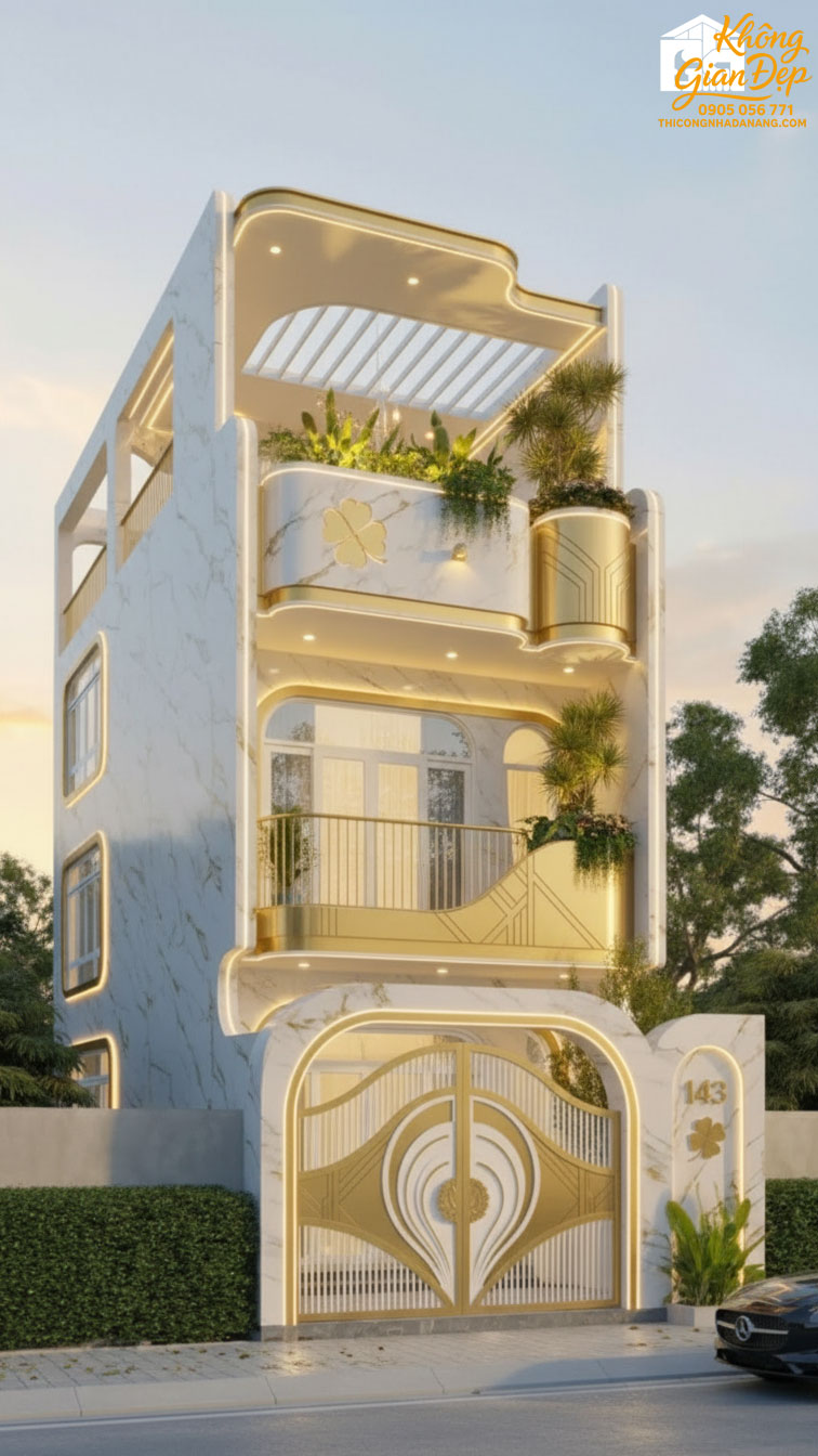 Phối cảnh nhà phố 3 tầng màu vàng trắng tươi mới năng động