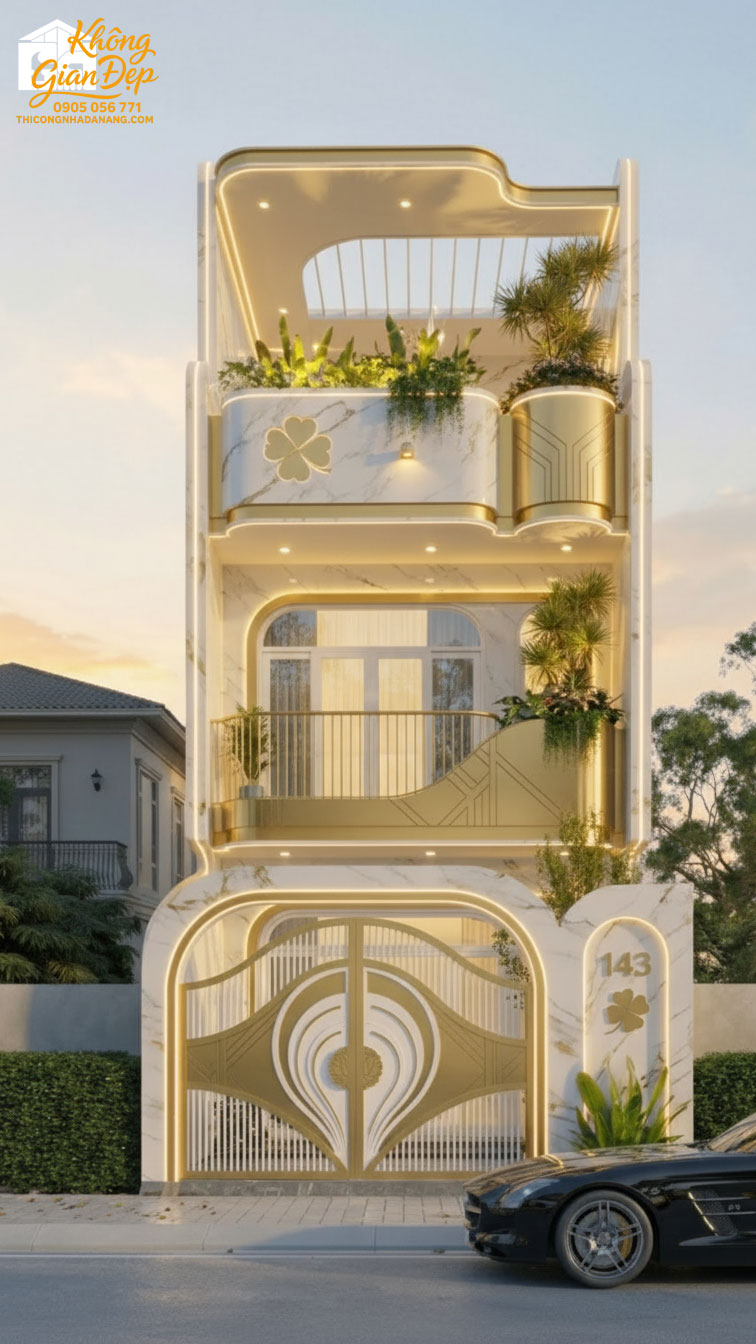 Mẫu nhà đẹp 3 tầng phối màu vàng trắng xu hướng 2026