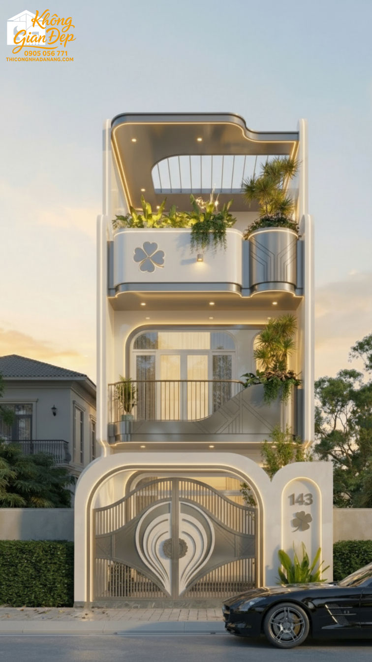 Nhà phố 3 tầng màu xám trắng phong cách Zen tối giản