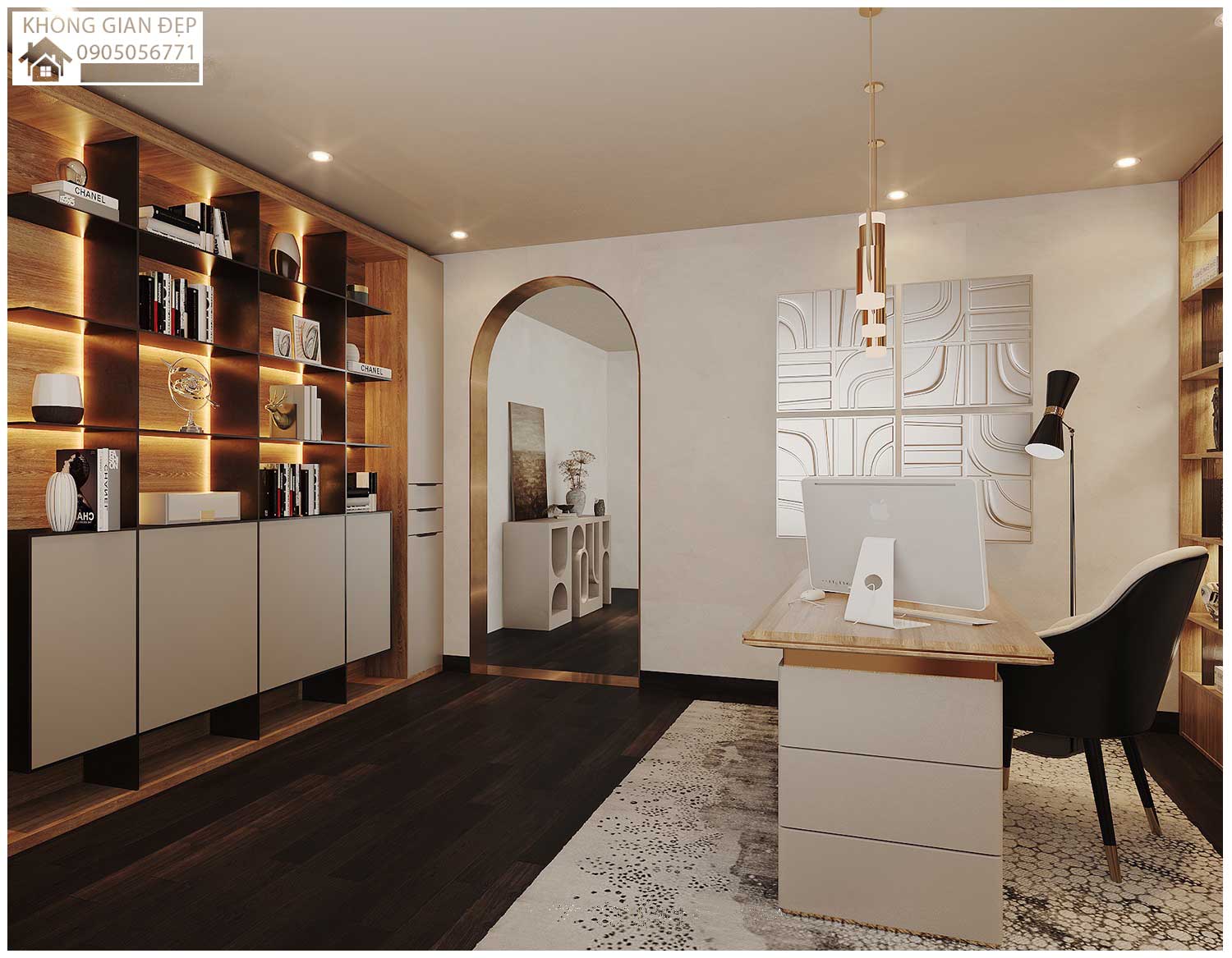 Mẫu Nhà Phố 4 Tầng 4x18m Hiện Đại 2026 – Vẻ Đẹp Ấn Tượng & Công Năng Hoàn Hảo Tại Đà Nẵng 27 Hệ kệ sách và bàn làm việc lớn