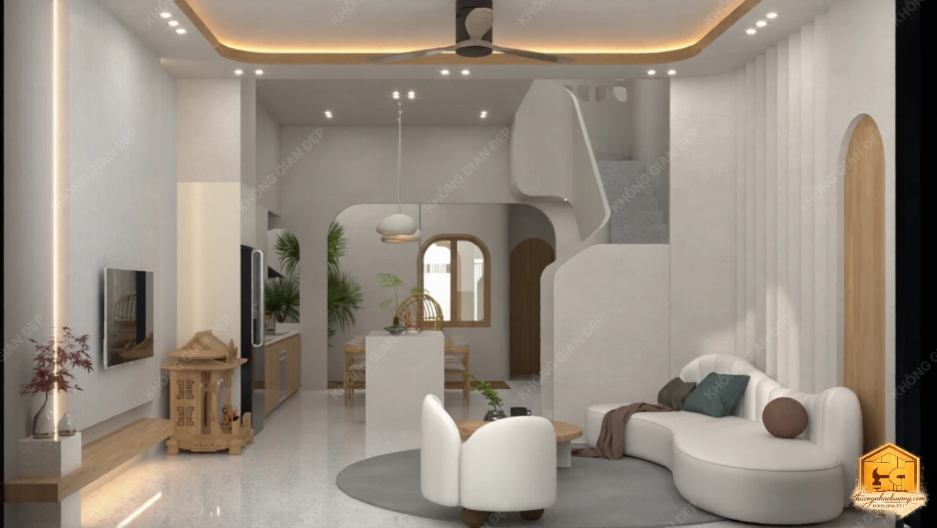 Mẫu Nhà Phố 2 Tầng 90m2 Ấn Tượng 2026: Giải Pháp Chống Nắng Tây Bền Vững tại Đà Nẵng 5 Thiết kế phòng khách 1 - Nhà phố Hòa Xuân, Cẩm Lệ, Đà Nẵng