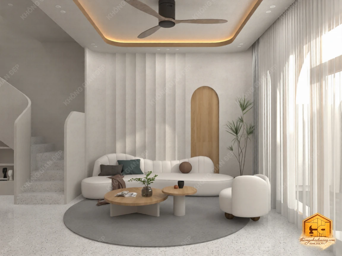 Mẫu Nhà Phố 2 Tầng 90m2 Ấn Tượng 2026: Giải Pháp Chống Nắng Tây Bền Vững tại Đà Nẵng 6 hiết kế phòng khách 2 - Nhà phố Hòa Xuân, Cẩm Lệ, Đà Nẵng