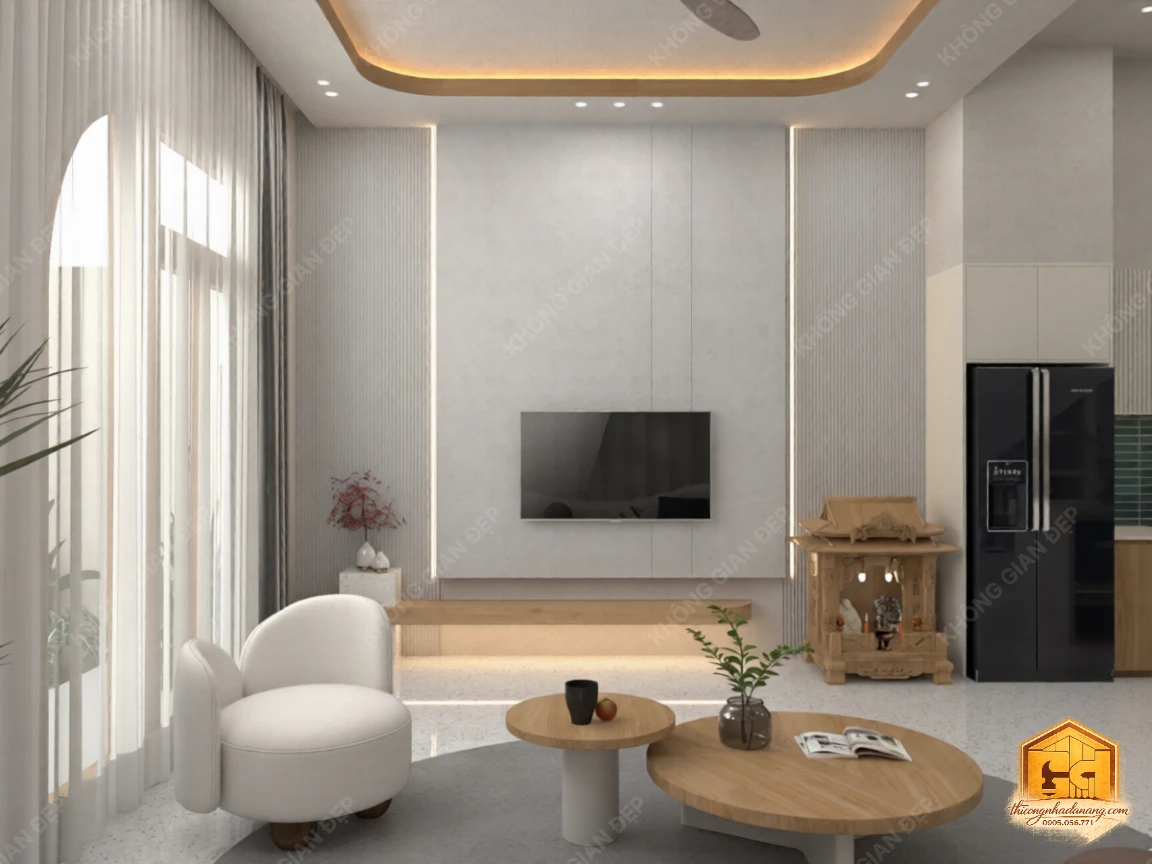 Mẫu Nhà Phố 2 Tầng 90m2 Ấn Tượng 2026: Giải Pháp Chống Nắng Tây Bền Vững tại Đà Nẵng 7 Thiết kế phòng khách 3 - Nhà phố Hòa Xuân, Cẩm Lệ, Đà Nẵng