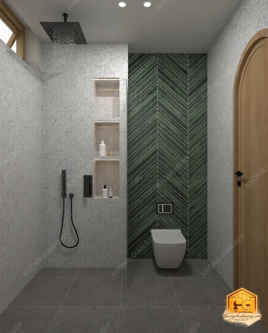 Mẫu Nhà Phố 2 Tầng 90m2 Ấn Tượng 2026: Giải Pháp Chống Nắng Tây Bền Vững tại Đà Nẵng 16 Thiết kế phòng vệ sinh 2 - Nhà phố Hòa Xuân, Cẩm Lệ, Đà Nẵng