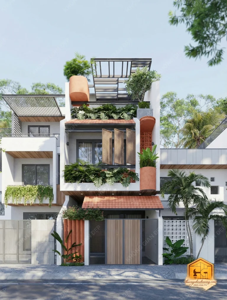 Nhà phố 2 tầng 1 tum 100m2 Đà Nẵng, kiến trúc bền vững chống nắng hướng Tây
