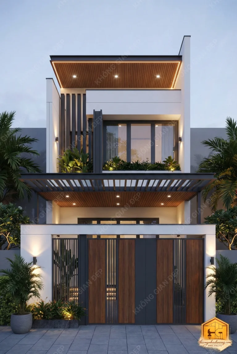 Thiết kế nhà phố 3 tầng hiện đại 100m2 hướng Tây Hòa Xuân, dùng hệ lam chống nóng