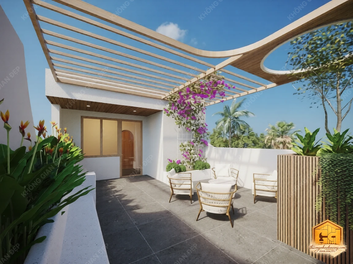 Mẫu Nhà Phố 2 Tầng 90m2 Ấn Tượng 2026: Giải Pháp Chống Nắng Tây Bền Vững tại Đà Nẵng 21 Thiết kế sân thượng 1 - Nhà phố Hòa Xuân, Cẩm Lệ, Đà Nẵng