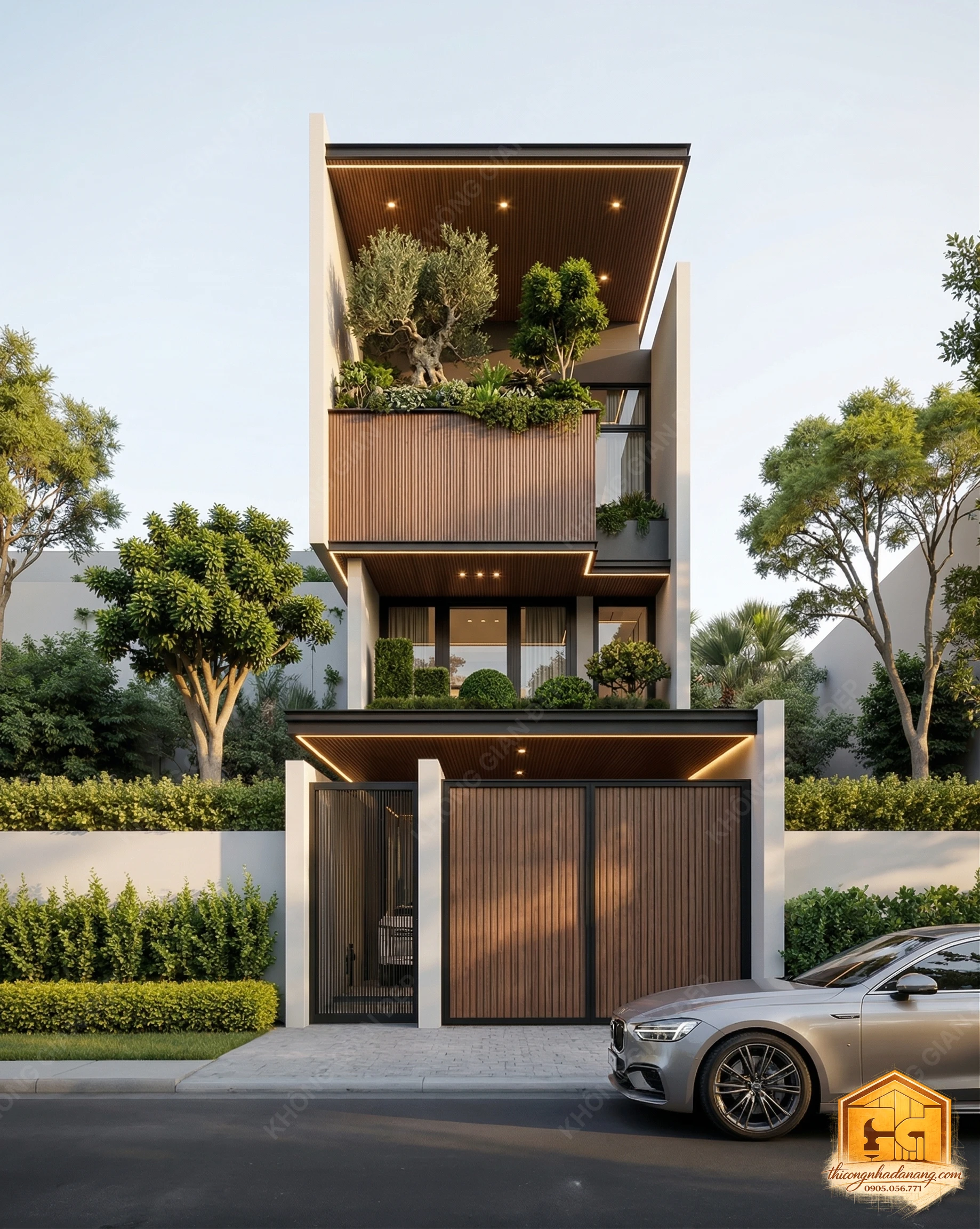 Mẫu thiết kế nhà phố 3 tầng hiện đại ốp gỗ sang trọng tại Đà Nẵng