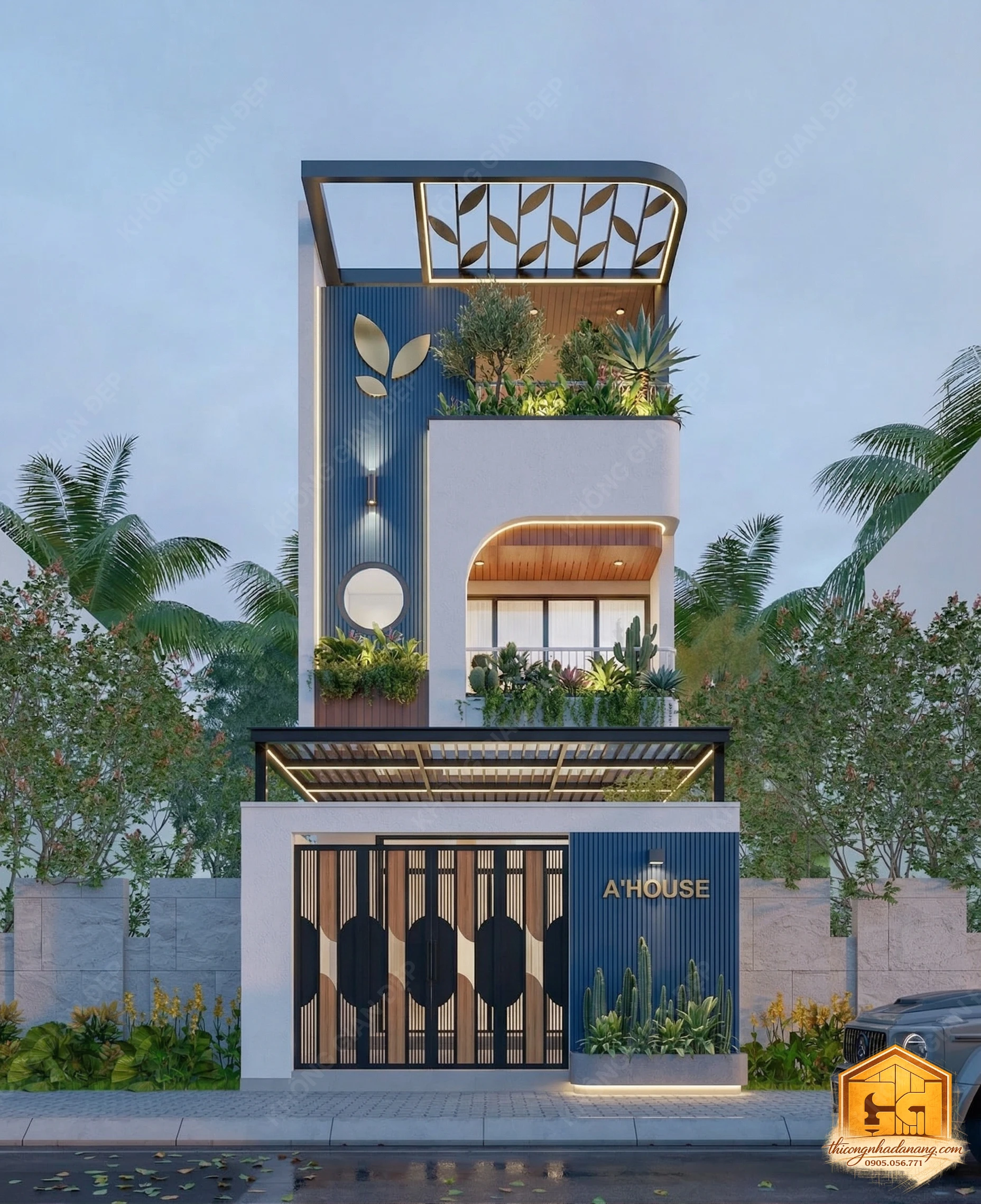 Mẫu thiết kế nhà phố 3 tầng đẹp mặt tiền màu xanh độc đáo