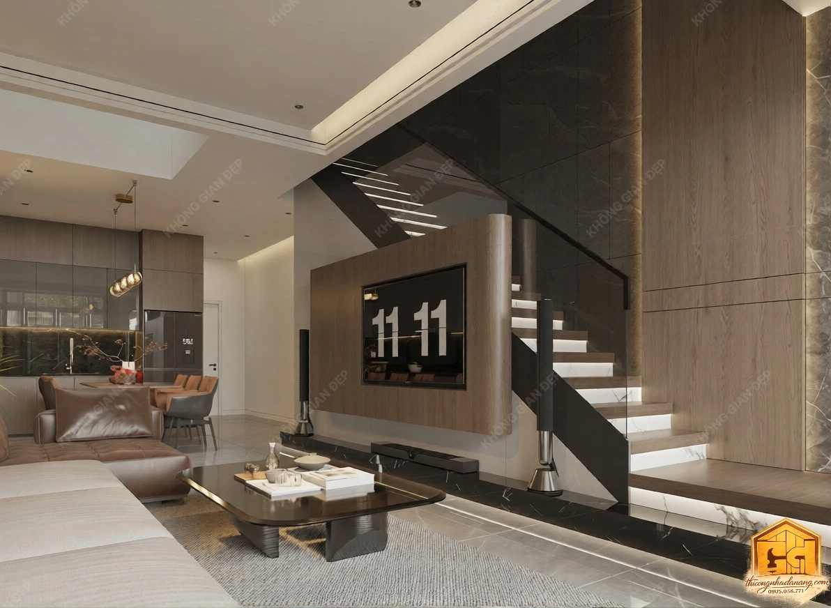 Thiết Kế Nhà Phố 3 Tầng Hiện Đại Tối Giản 80m2 Hòa Xuân, Đà Nẵng – Kiến Trúc Bền Vững Khí Hậu Miền Trung 65 Mẫu thiết kế phòng khách đẹp - Nhà phố Hòa Xuân, Đà Nẵng