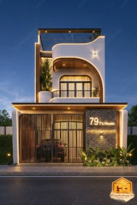 Mẫu nhà phố 3 tầng hiện đại thiết kế mái vòm mềm mại và tường ốp đá tự nhiên.