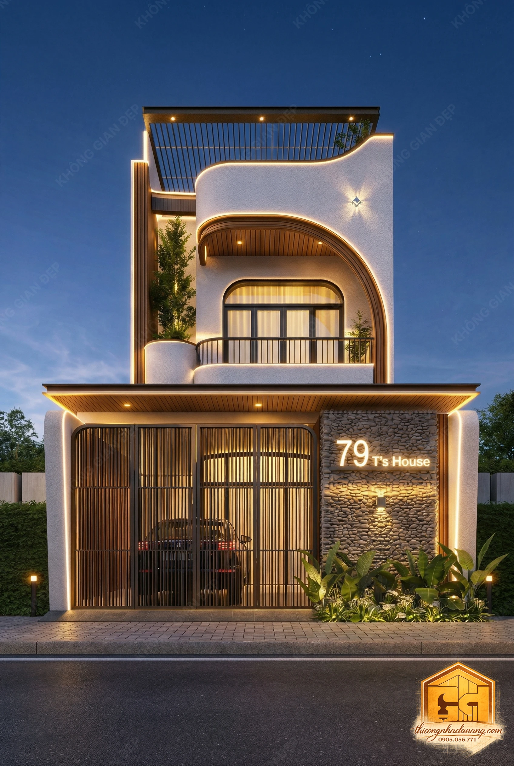 Mẫu nhà phố 3 tầng hiện đại thiết kế mái vòm mềm mại và tường ốp đá tự nhiên.