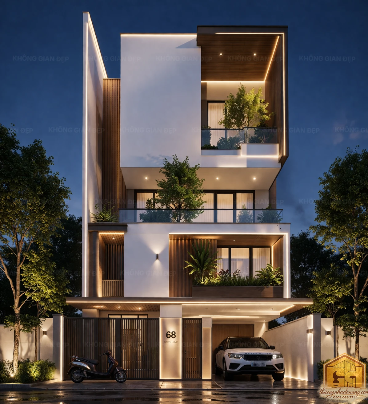 Mẫu nhà phố 3/4 tầng hiện đại nổi bật với hệ đèn LED viền