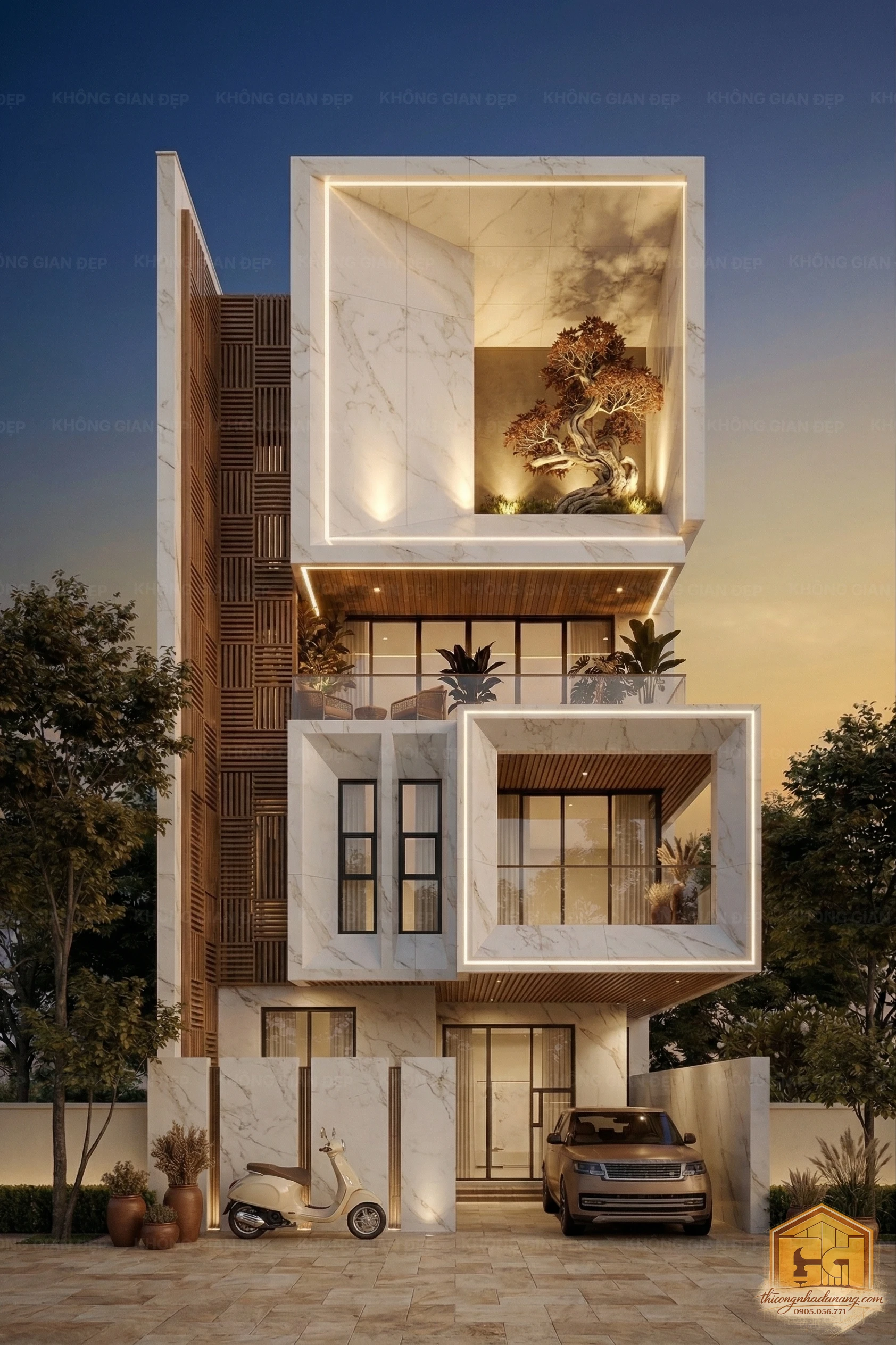 Mẫu mặt tiền nhà phố sang trọng ốp đá Marble vân mây