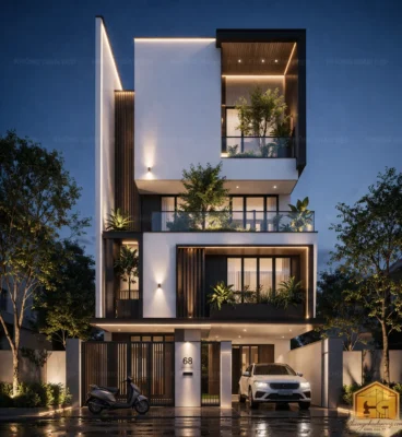 Mẫu nhà phố 3 tầng hiện đại nổi bật với hệ đèn LED viền