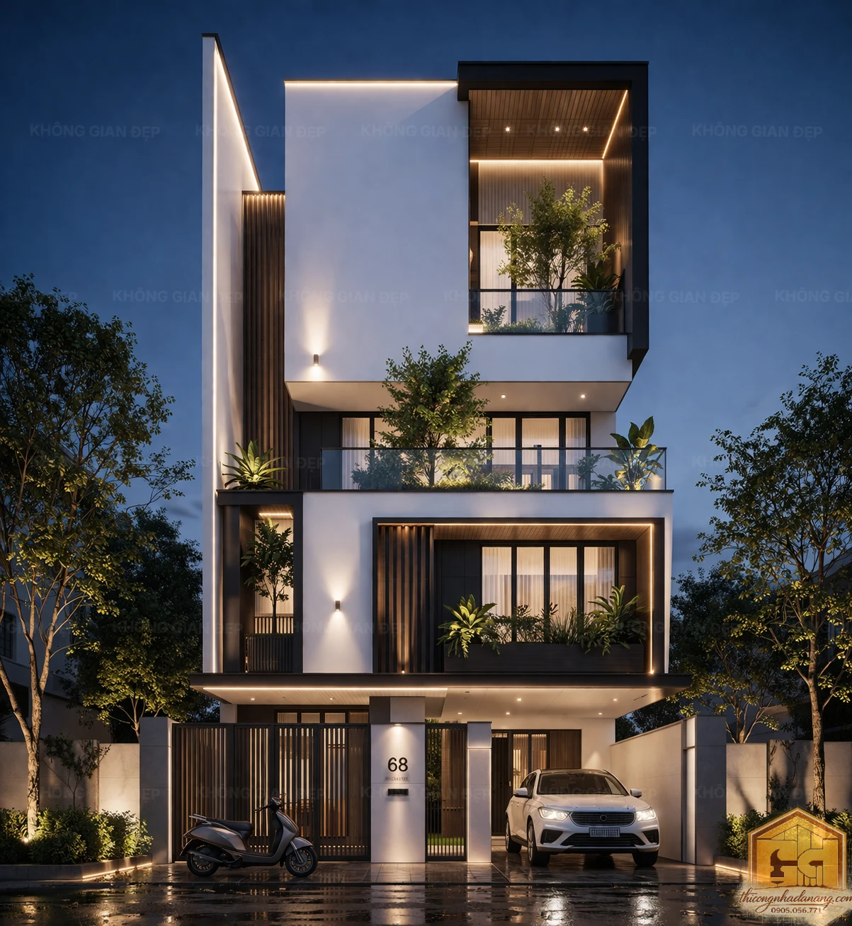 Mẫu nhà phố 3 tầng hiện đại nổi bật với hệ đèn LED viền