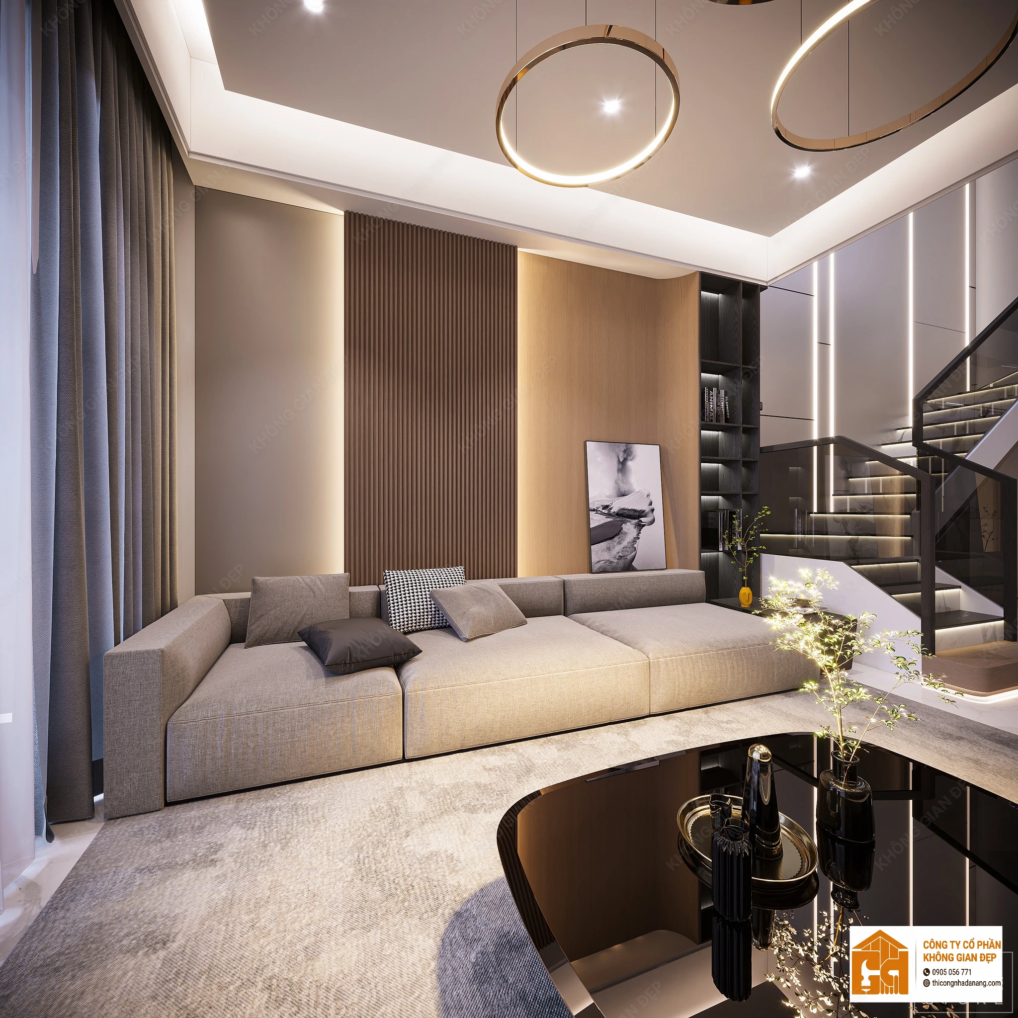 Giải Pháp Vàng Cho Vợ Chồng Trẻ: Thiết Kế Nhà Phố 3 Tầng Hiện Đại 90m² Tại Hòa Xuân Đà Nẵng 10 Thiết kế phòng khách 1 - Nhà phố Hòa Xuân, Cẩm Lệ, Đà Nẵng
