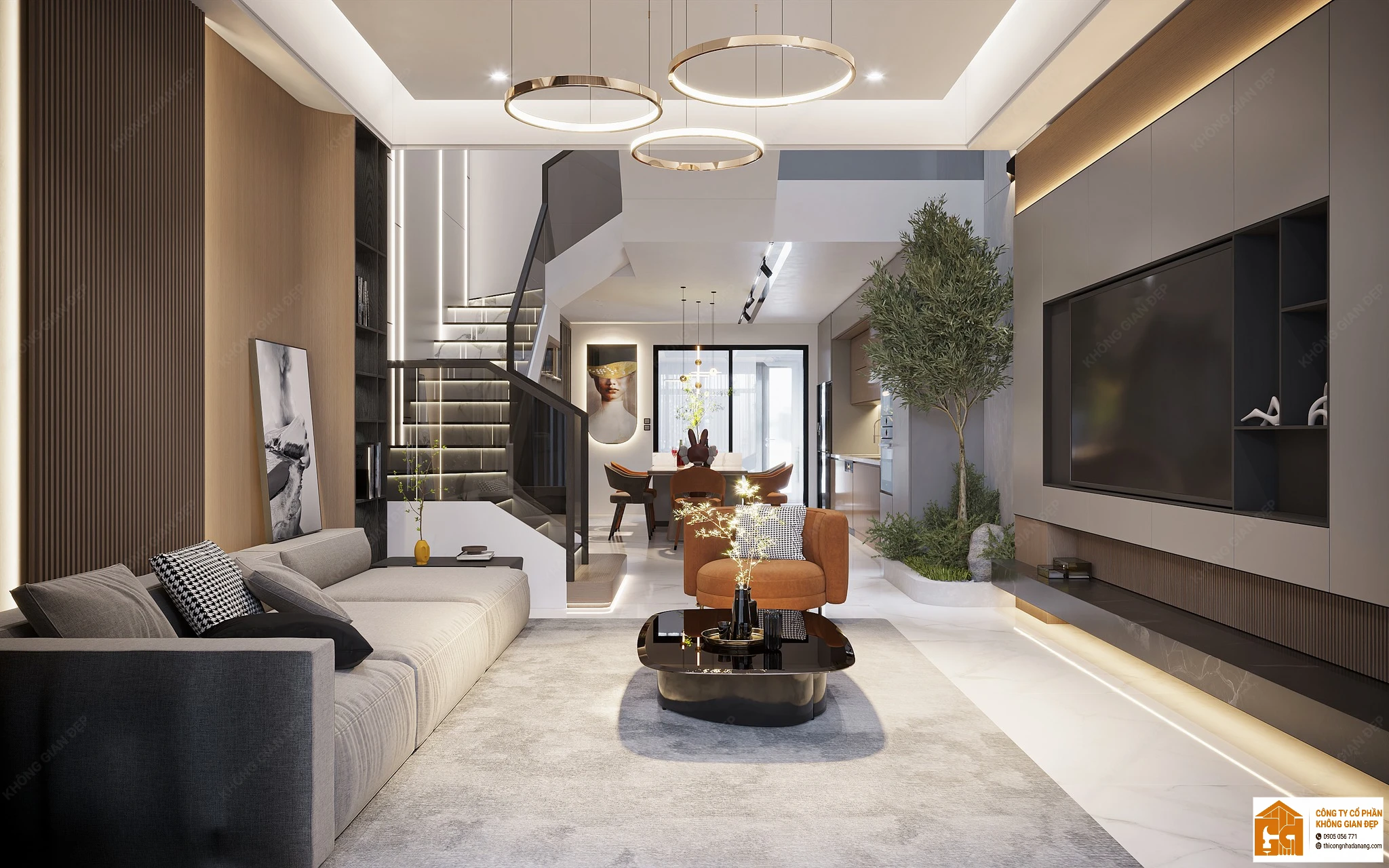 Giải Pháp Vàng Cho Vợ Chồng Trẻ: Thiết Kế Nhà Phố 3 Tầng Hiện Đại 90m² Tại Hòa Xuân Đà Nẵng 11 Thiết kế phòng khách 2 - Nhà phố Hòa Xuân, Cẩm Lệ, Đà Nẵng