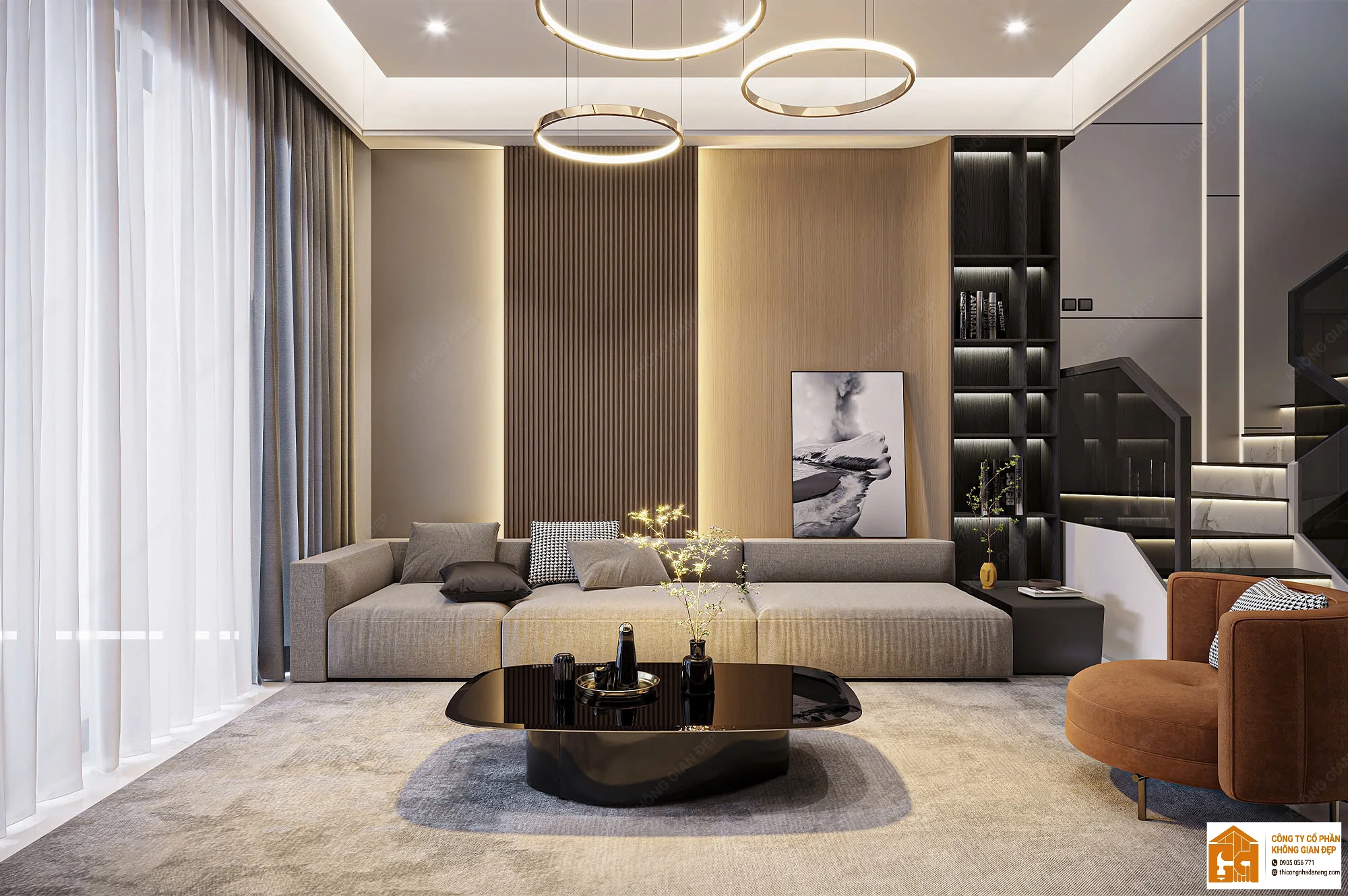 Giải Pháp Vàng Cho Vợ Chồng Trẻ: Thiết Kế Nhà Phố 3 Tầng Hiện Đại 90m² Tại Hòa Xuân Đà Nẵng 12 Thiết kế phòng khách 3 - Nhà phố Hòa Xuân, Cẩm Lệ, Đà Nẵng