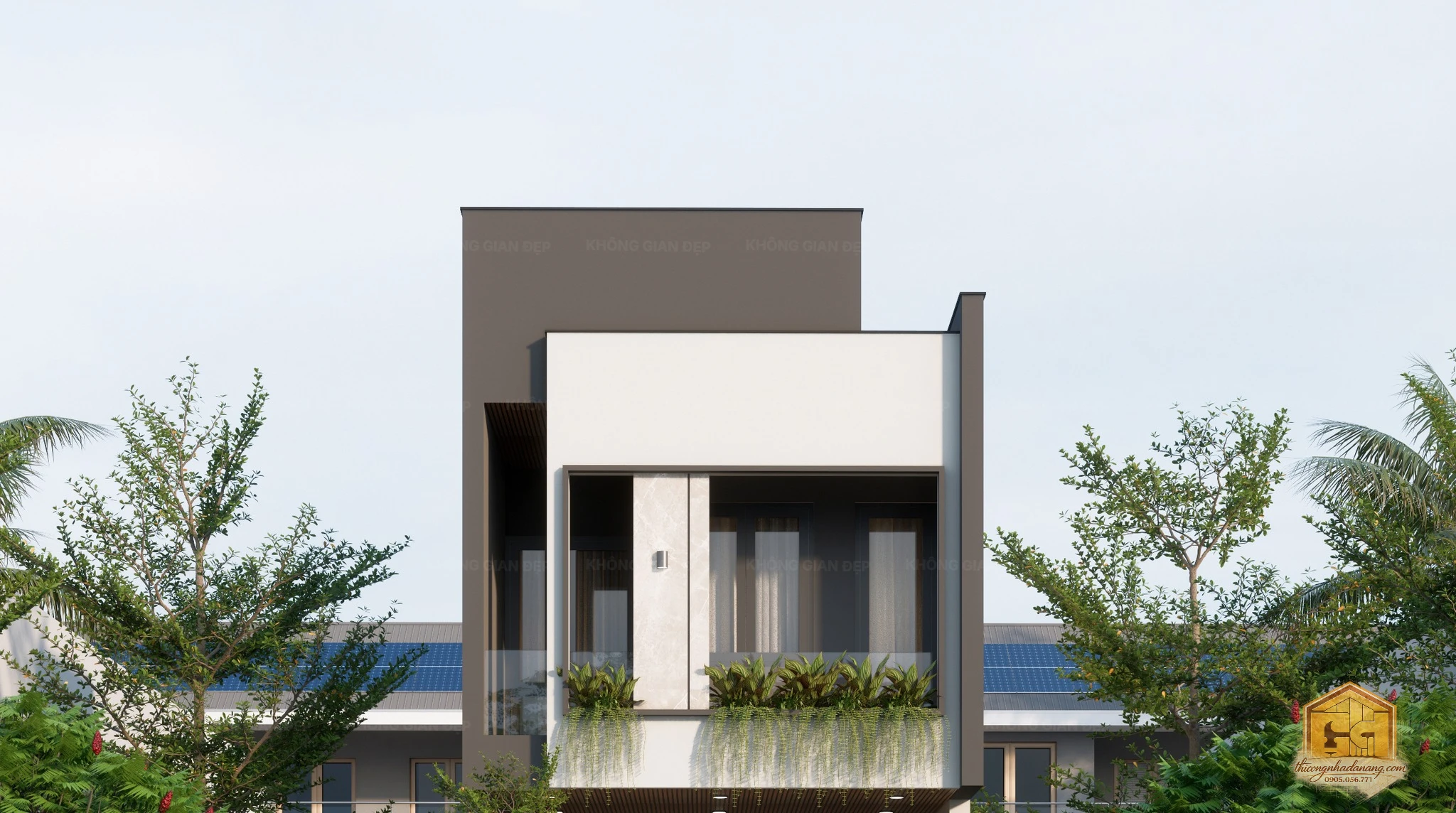 Nhà Phố 2 Tầng Hiện Đại 80m2 Thanh Khê Đà Nẵng: Tối Ưu Công Năng & Lối Sống Cho Gia Đình Trẻ 21 Phối cảnh mặt tiền nhà phố 2 tầng với ban công xanh Thanh Khê