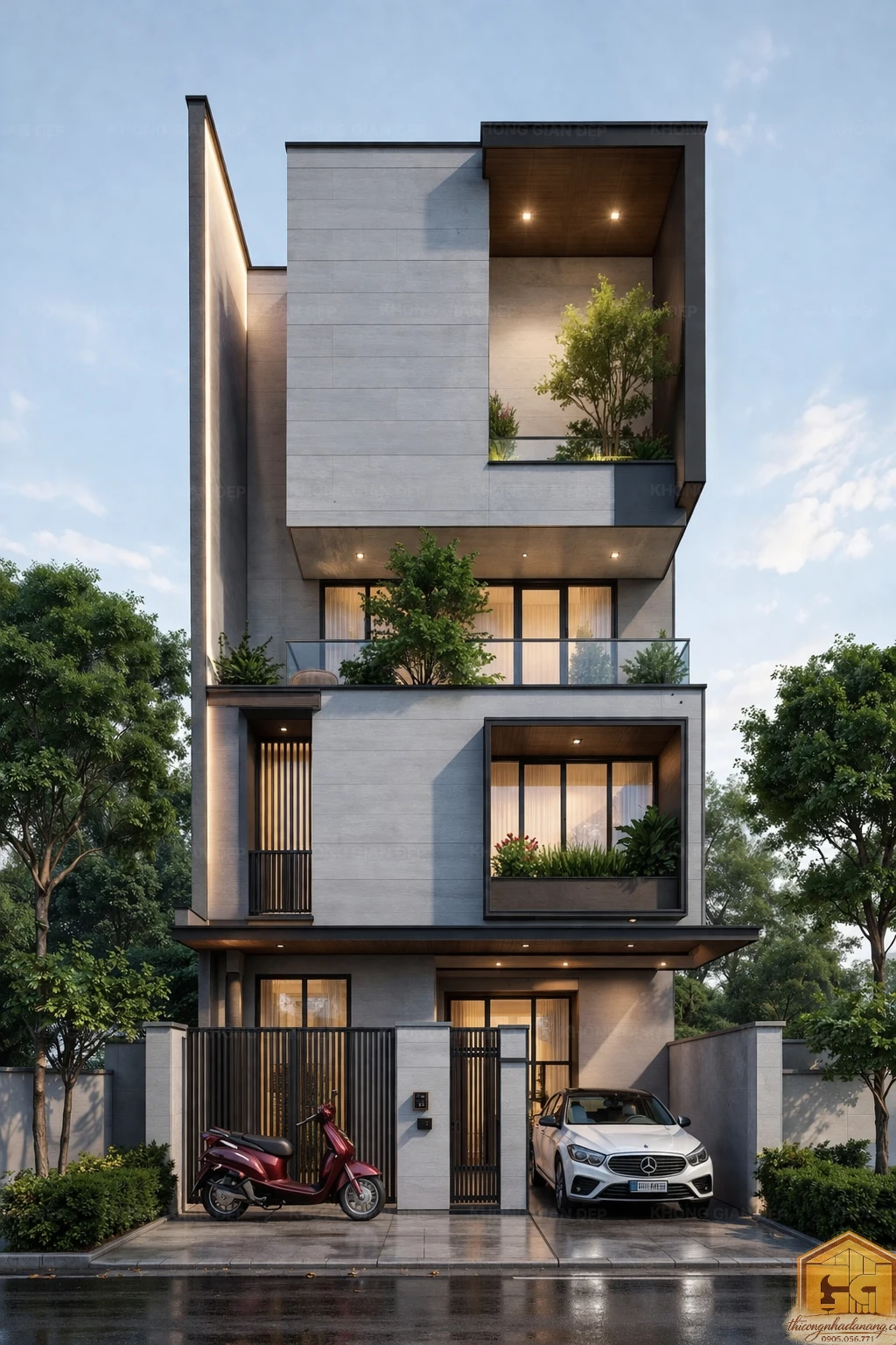 Thiết kế mặt tiền nhà phố hiện đại ốp đá xám xu hướng 2026