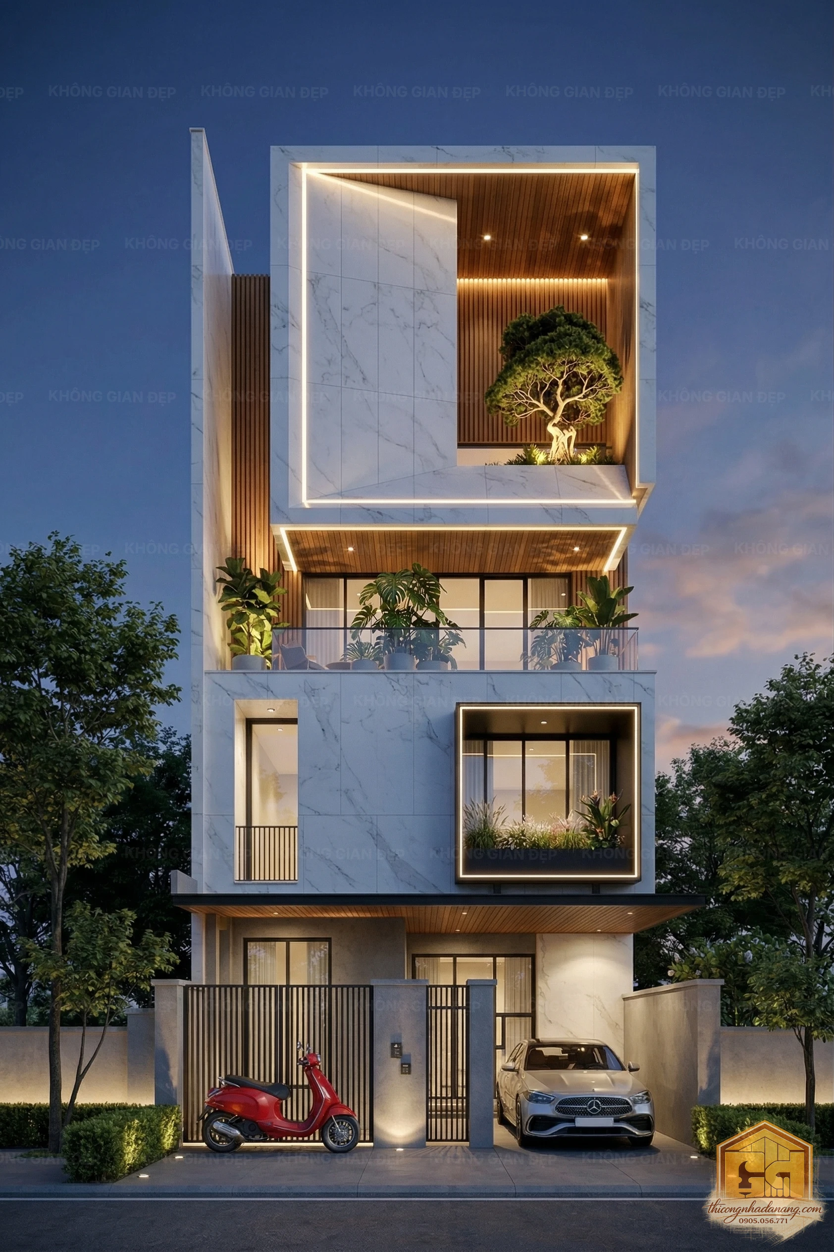 Thiết kế nhà phố mặt tiền kết hợp đá tự nhiên và nan gỗ