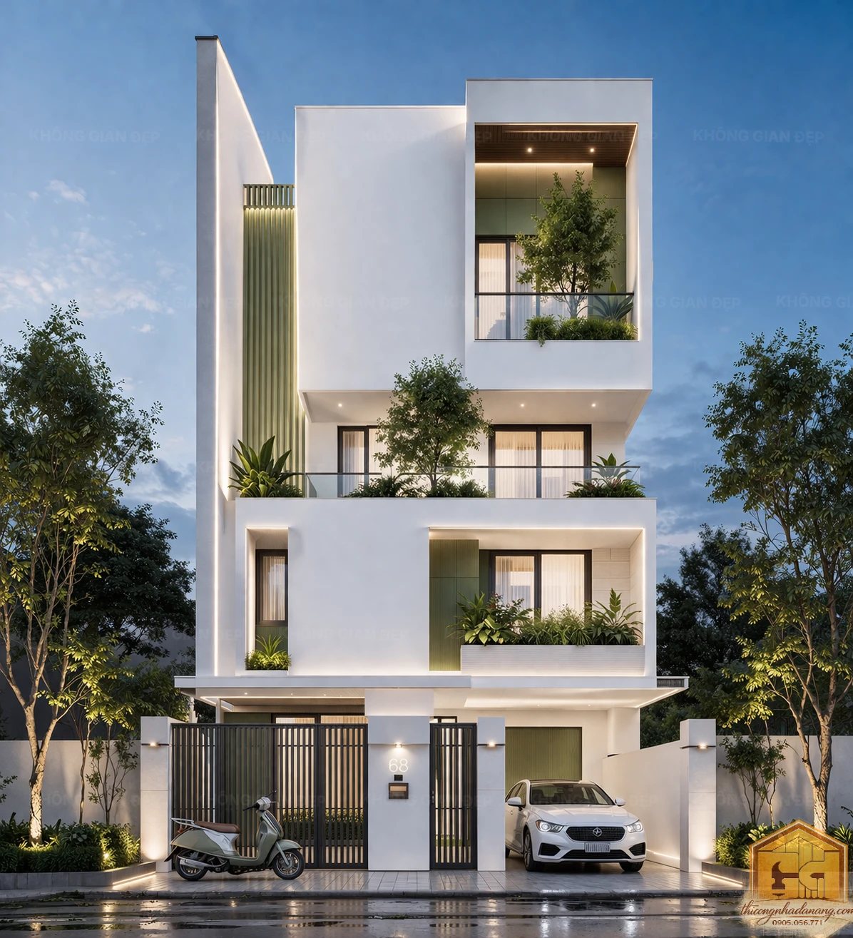 Kiến trúc nhà phố tối giản mặt tiền trắng tinh khôi