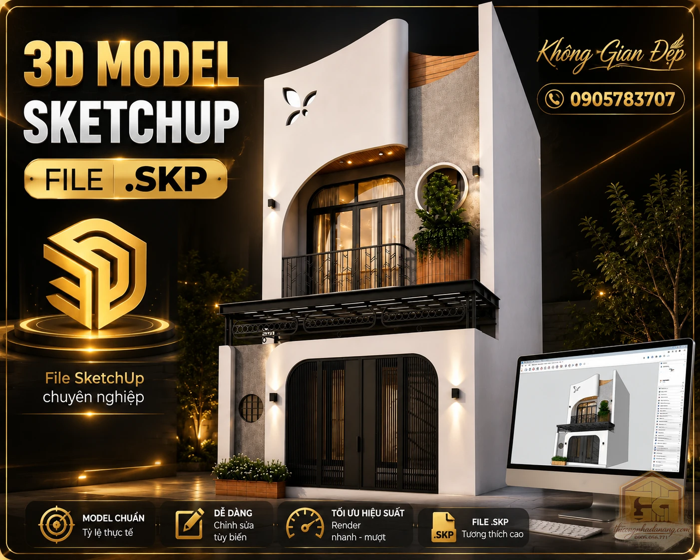 Banner giới thiệu mẫu nhà phố 01 file SketchUp .SKP, hỗ trợ designer tải model 3D kiến trúc để chỉnh sửa và render.