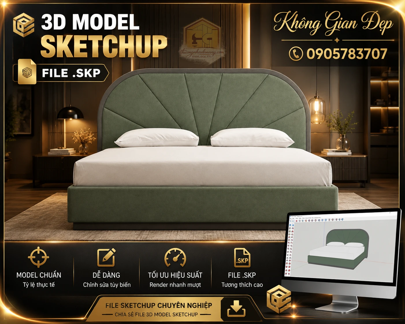 Mẫu giường ngủ đẹp 09 phong cách hiện đại, chia sẻ file SketchUp và 3ds Max miễn phí cho thiết kế phòng ngủ.