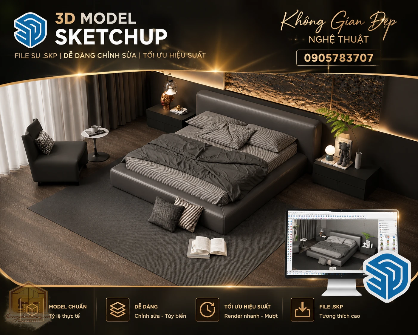Tải model giường ngủ hiện đại file SketchUp 2026