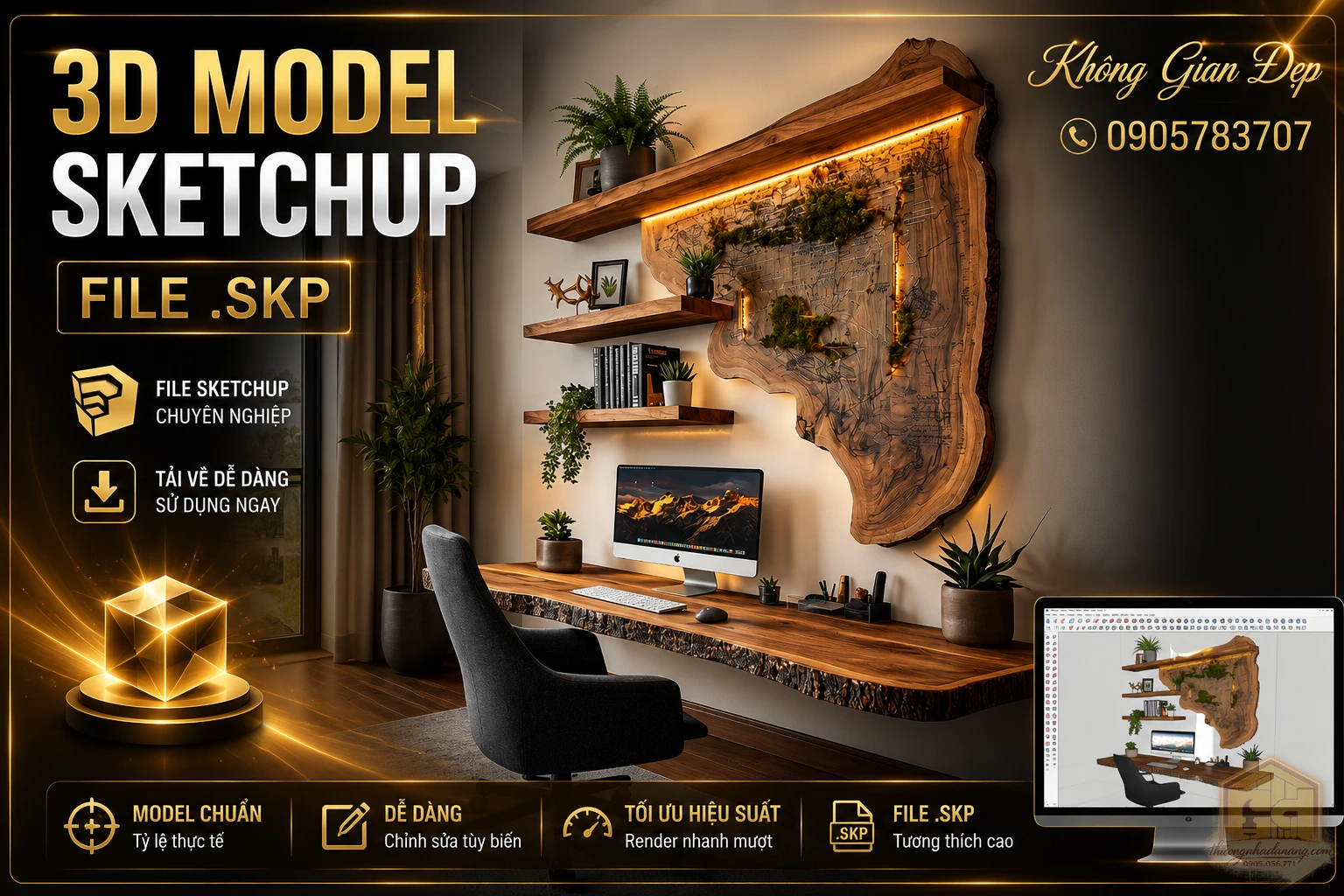 Mẫu bàn làm việc 01 phong cách hiện đại, chia sẻ file SketchUp và 3ds Max tải miễn phí cho thiết kế nội thất.