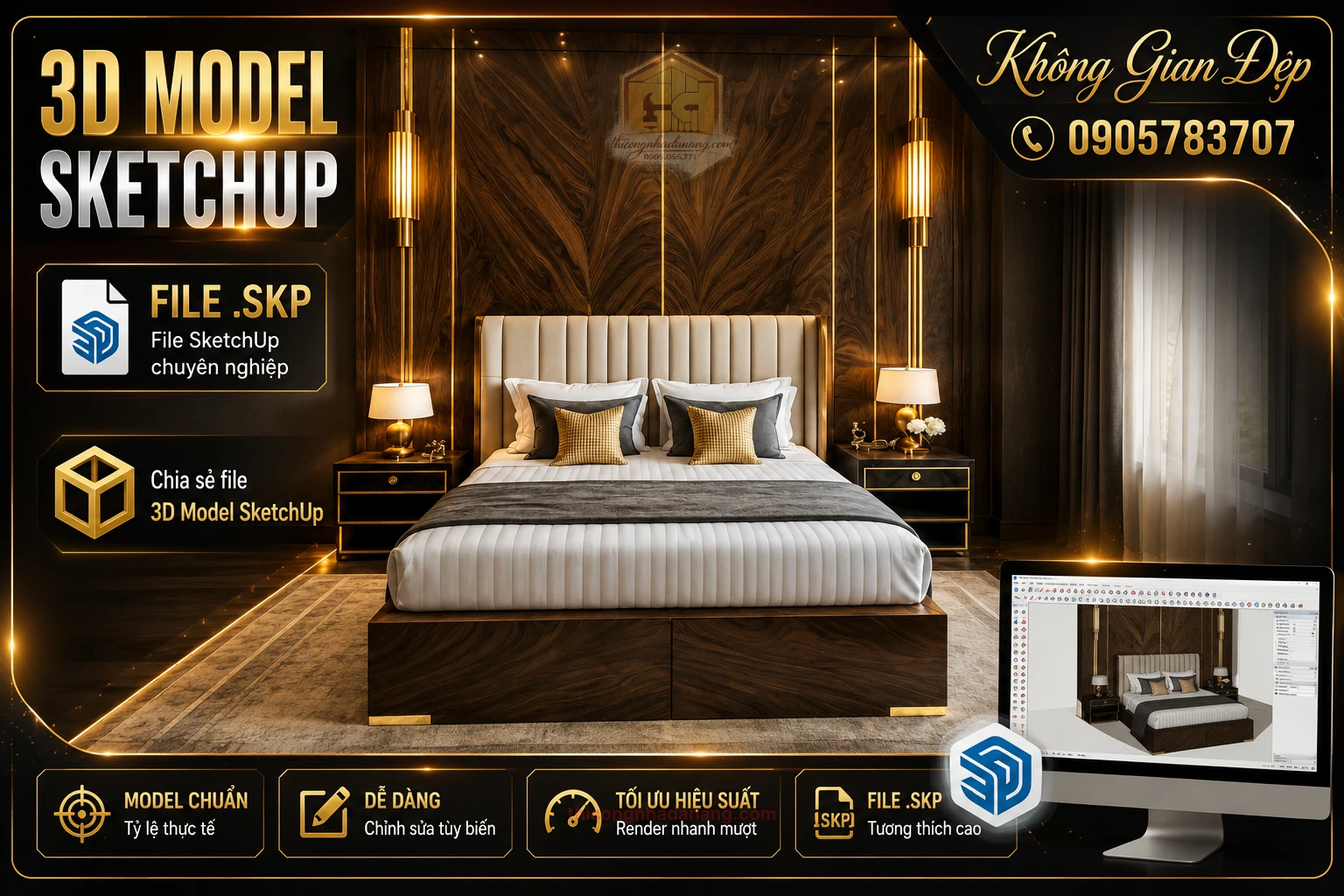 Mẫu giường ngủ đẹp 2026 phong cách hiện đại, chia sẻ file SketchUp nội thất phòng ngủ cao cấp dễ chỉnh sửa.