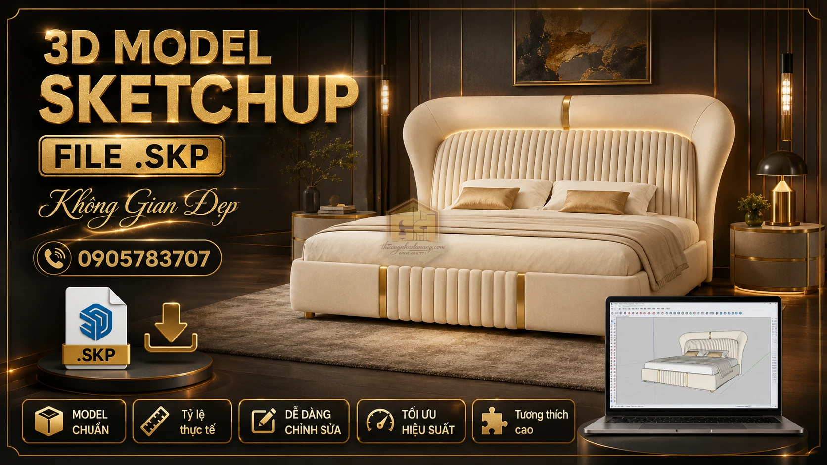 Mẫu giường ngủ đẹp 03 file SketchUp, 3ds Max tải miễn phí, phù hợp thư viện model 3D nội thất phòng ngủ hiện đại.