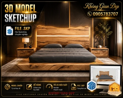 Mẫu giường ngủ đẹp 04 dạng 3D model SketchUp, thiết kế gỗ hiện đại với vách đầu giường và ánh sáng LED sang trọng.