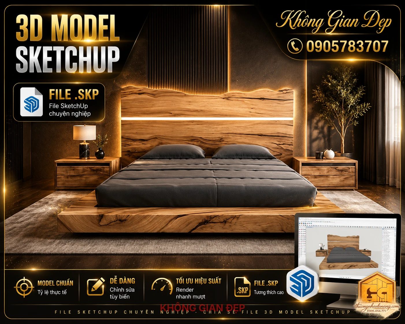 Mẫu giường ngủ đẹp 04 dạng 3D model SketchUp, thiết kế gỗ hiện đại với vách đầu giường và ánh sáng LED sang trọng.