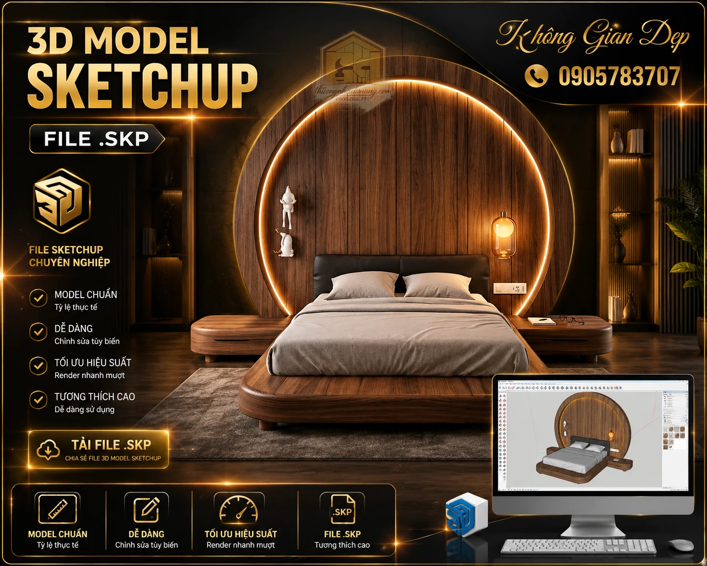 Mẫu giường ngủ đẹp 04 phong cách hiện đại, chia sẻ file SketchUp và 3ds Max nội thất phòng ngủ tải miễn phí.
